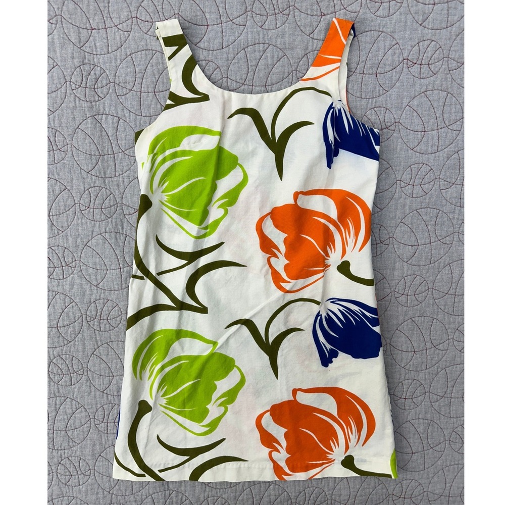 VTG Hawaii Nei Shift Sleeveless Dress White Floral Mini Mod / Womens 8